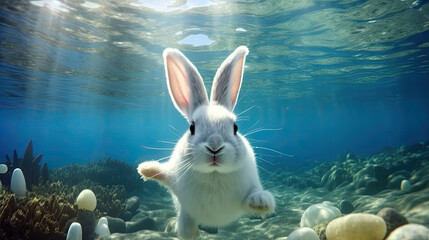 Easter travel concept with a bunny and colorful eggs, happy easter concept, easter rabbit underwater swimming , finding eggs in bottom of sea  - obrazy, fototapety, plakaty