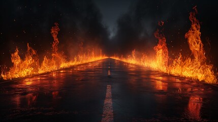 A Long Road Extending Towards the Horizon, with Intense Flames on Both Sides