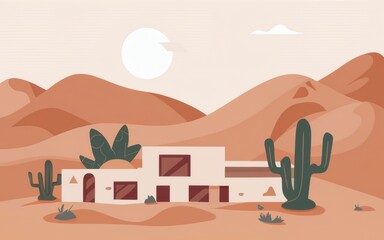 Abstract minimal desert landscape horizontal poster, cover, card with sand dunes, cacti, adobe house, and modern typography. Desert holidays, nature illustration. Promo ads design template.