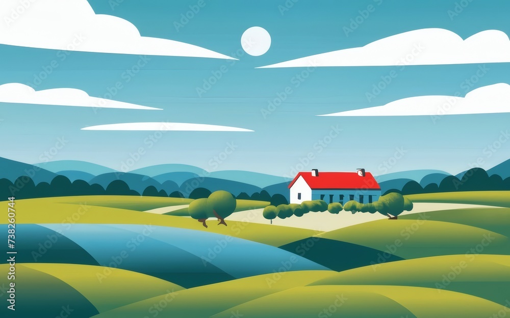 Wall mural Abstract summer card featuring a serene blue sky, lush green fields, and a modern farmhouse. 