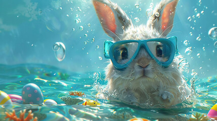 Easter travel concept with a bunny and colorful eggs, happy easter concept, easter rabbit underwater swimming , finding eggs in bottom of sea 