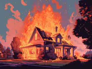 A Painting of a House Engulfed in Flames