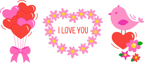 Valentine's Day, elements for design. Balloons in the shape of a heart, flowers and a bird. Vector illustration