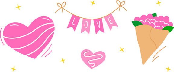 Romantic, wedding graphic set, flowers, hearts, love, ribbon. Vector illustration