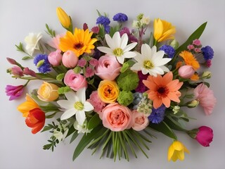 Spring Symphony: Vibrant Flatlay Showcase of Assorted Flowers, Capturing Nature's Palette in Harmonious Blooms, generative AI