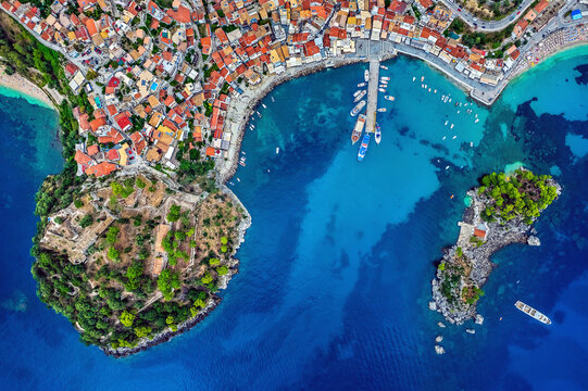Aerial view (drone) of picturesque Parga town, Preveza prefecture, Epirus, Greece