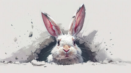 happy easter card concept ,  Easter rabbit looking through a hole in white paper background