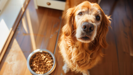 A watchful Golden Retriever looks up eagerly, waiting to eat from a bowl of dog food with a lot of...