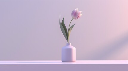A minimalist composition featuring a single tulip with pastel purple petals, placed in a sleek, modern vase against a pastel grey background, emphasizing the flower's elegant form and color.