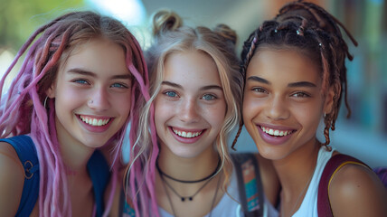 Fototapeta premium multiracial group of three teenage girls with unretouched skin chatting happily sitting on a bench outside the university campus.generative ai