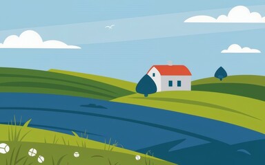 Minimalist summer landscape poster with a blue sky, green fields, and a farmhouse. 