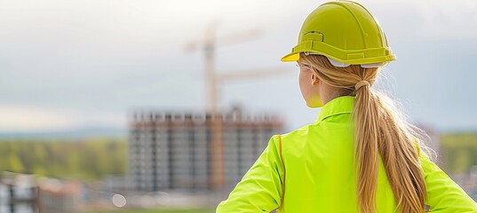 Female project manager overseeing construction site with blurred background and copy space