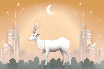 ANIMATED CARTOON STYLE eid al-adha background  eid al-adha illustration with MOSQUE AND sheep Flat eid al-adha WISHING AND CELEBRATION illustration 