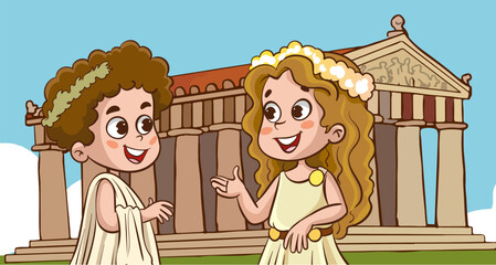 Little children dressed in ancient Greek antique costumes are talking.Happy children wearing Roman, Greek, Roman ancient tunics.