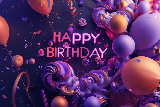 happy birthday in the style of purple and orange Generative AI