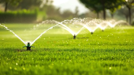 Efficient automatic sprinkler system watering lush green lawn in beautifully landscaped garden - obrazy, fototapety, plakaty