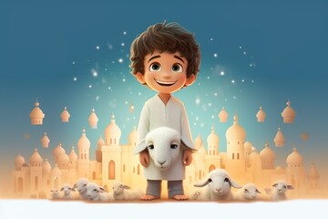 Eid al adha wishing with muslim boy and sheep animated cartoon goat and boy wishing eid  Flat eid al-adha illustration with goat boy and masjid 
