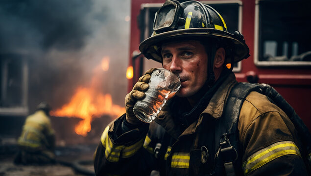 firefighter drinking water after a fire