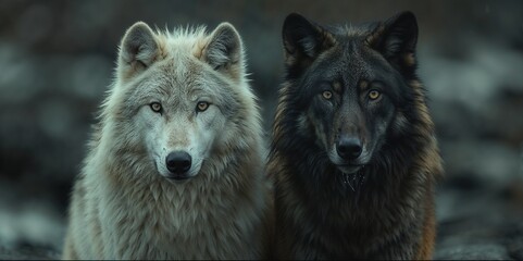Fototapeta premium Guardians of the Realm: Timber and Arctic Wolves Side by Side