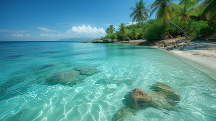 A lush tropical beach with palm trees, rocks in the water, and a clear blue sky
