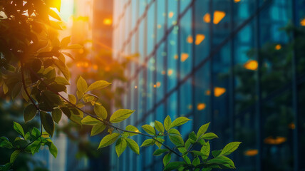 Eco-friendly building in the modern city. Sustainable glass office building with tree for reducing carbon dioxide,generative ai