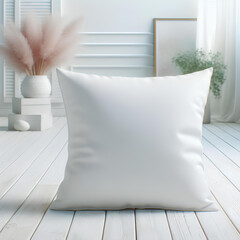 white pillow mockup on sofa closeup on white room blurred background