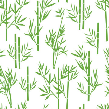 Seamless pattern of green bamboo stalks with leaves on white background