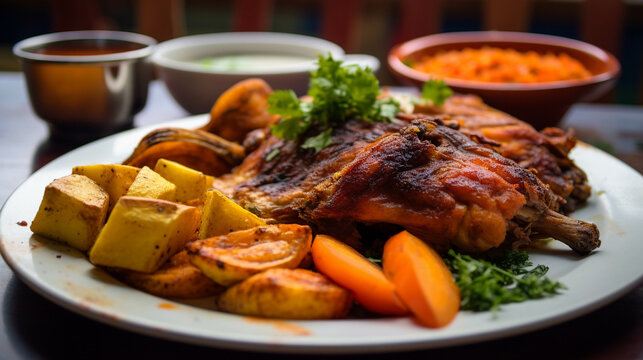 A plate of cuy al horno, a traditional Ecuadorian dish featuring roasted guinea pig, seasoned with spices and served with potatoes and aji sauce. 