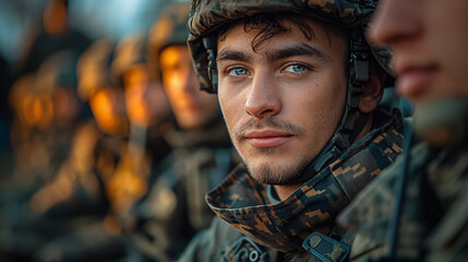 Soldados del ejercito ucraniano en formación en el campo cubiertos de nieve - obrazy, fototapety, plakaty