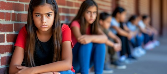 Unhappy female student being bullied at school, leaving space for text placement