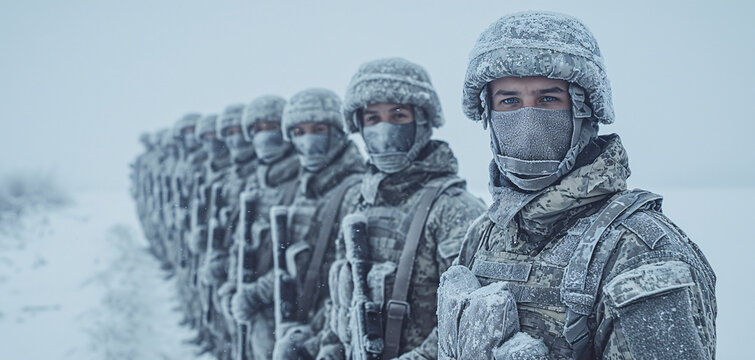 Soldados del ejercito ucraniano en formación en el campo cubiertos de nieve