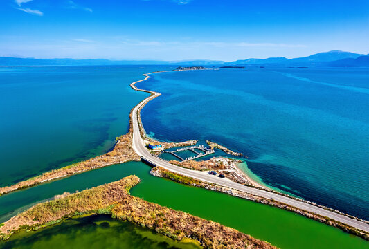 The road to Koronissia island with the Ambracian ("Amvrakikos") gulf in one side  and Logaros lagoon on the other. Arta, Epirus, Greece.