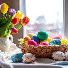 Easter. Colorful eggs in a basket.
