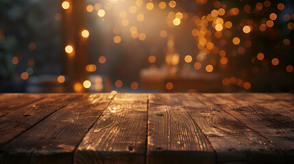 Empty wood table top on blur light gold bokeh of café, restaurant background .Lifestyle and celebration concept, restaurant in dark background, Generative AI 
