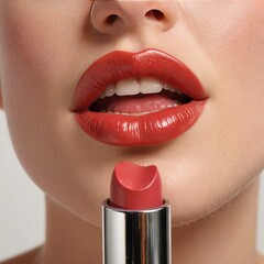 woman applying lipstick red lipstick on black background
 - obrazy, fototapety, plakaty