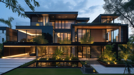 Fototapeta premium Designed to impress this private house features bold and dramatic layered facades showcasing a mix of metal wood and gl that work together to create a visually stunning and