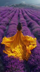 aerial photography, view from above of lavender fields, girl running in a yellow dress,generative ai