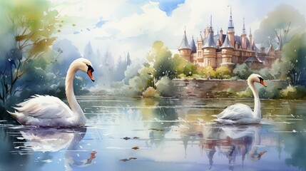 Acrylic painting of two swans swimming in a lake. Oil painting of two beautiful white swans in a pond. Ai generated illustration of a family of swans on the background of a beautiful palace. - obrazy, fototapety, plakaty