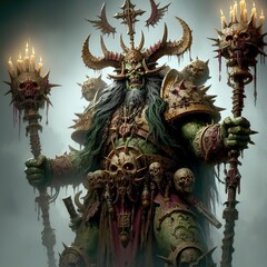 A green fantasy wizard warrior creature with scary horns holds two wands in a foggy environment with candles on them. - obrazy, fototapety, plakaty