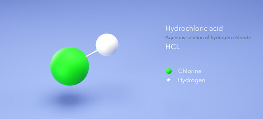 hydrochloric acid molecule, molecular structures, muriatic acid, 3d model, Structural Chemical Formula and Atoms with Color Coding