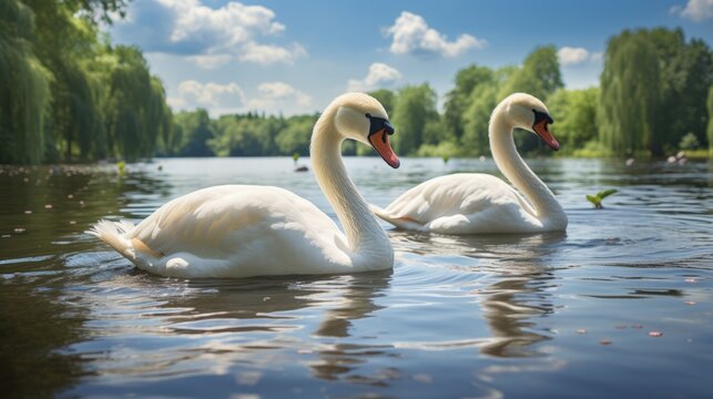 Acrylic painting of two swans swimming in a lake. Oil painting of two beautiful white swans in a pond. Ai generated illustration of a family of swans on the background of a green forest.