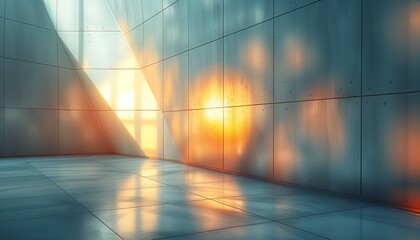 Sunset is reflected in a tiled room made of white light gray matt tiles