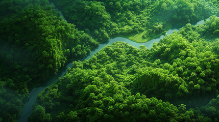 An aerial view of a lush green forest with a winding river