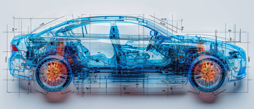 2D technical schematic of a car, blue and white,generative ai