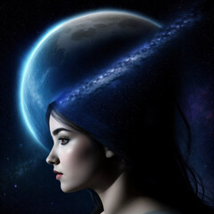 Woman profile portrait with moon in her head