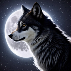 Howling wolf (canine) against dark toned  background and full moon. Wolf  howling to the full moon.