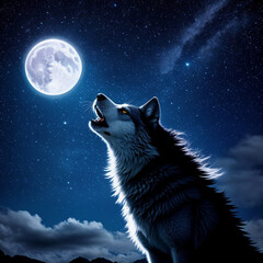 Howling wolf (canine) against dark toned  background and full moon. Wolf  howling to the full moon.