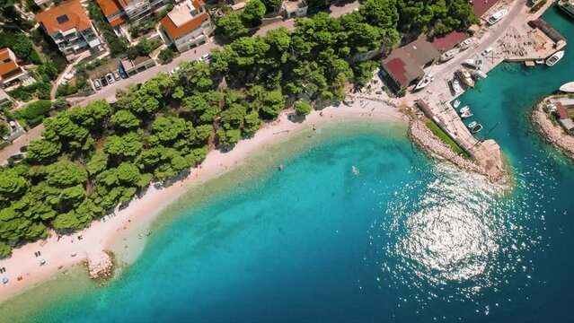 Aerial view of a beach with turquoise sea waters. Shoreline hugged by verdant foliage of pine trees and dotted with leisure boats. Summer Croatia.