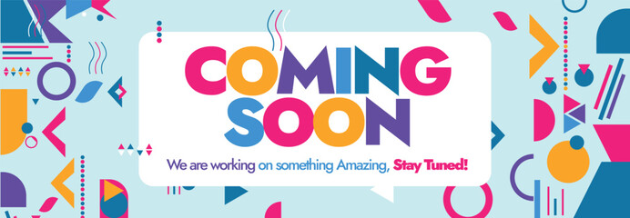 Coming Soon. Coming soon announcement cover banner with colourful text and abstract retro elements on cyan background. Coming soon banner, flyer, card design. New business launching concept. 