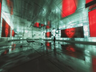 Silhouette of a woman in a futuristic hall with screens. Conceptual Image.